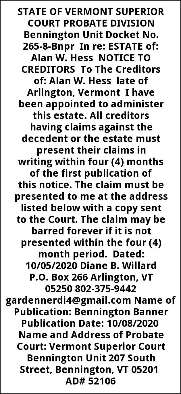 Notice To Creditors Vermont Superior Court